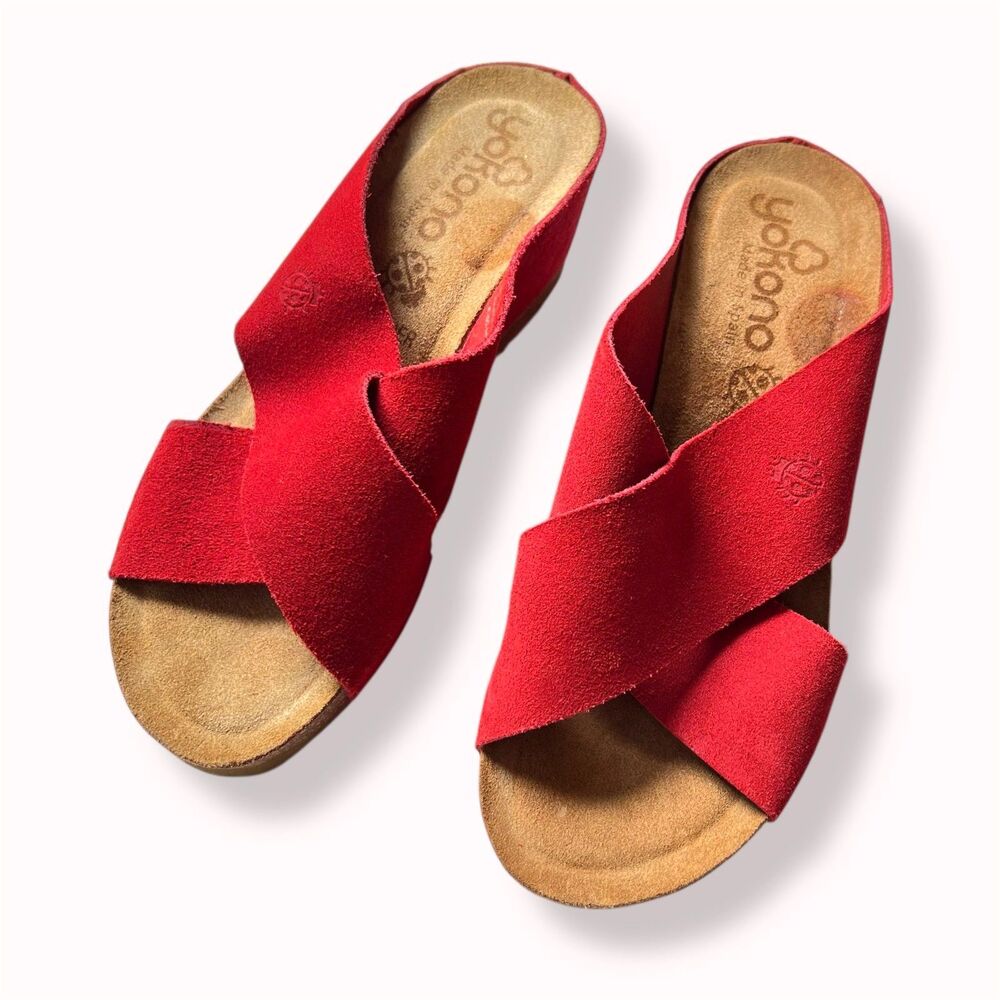 *SOLD* Yokono Spain Candela Red Leather Criss Cross Cork Wedge Slip On Sandals